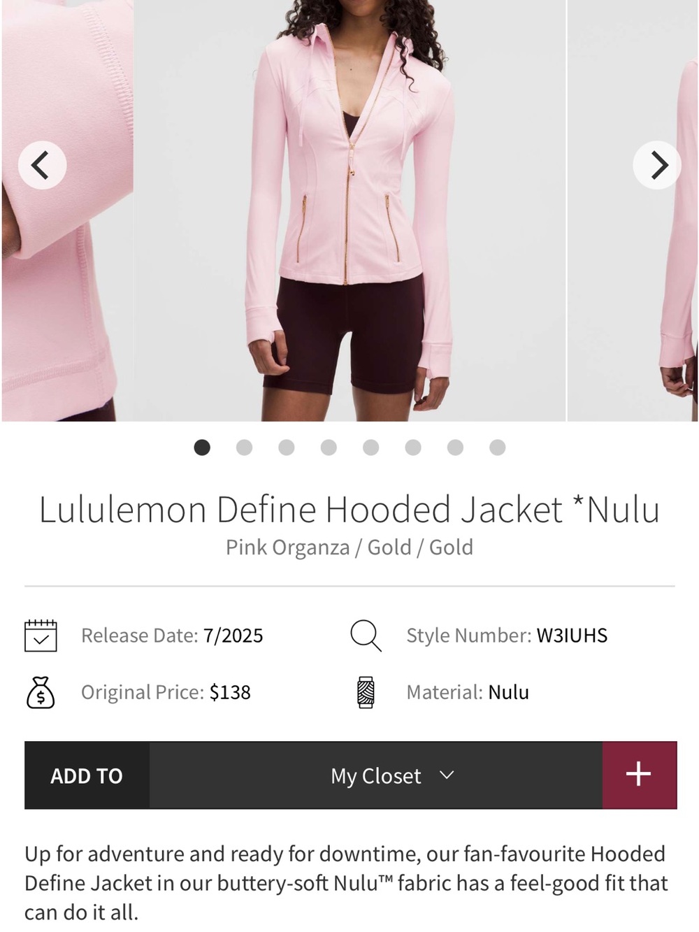 Lululemon Define Hooded Jacket *Nulu
Pink Organza / Gold / Gold NWT size 4